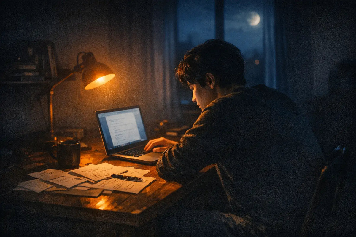 Person working late at desk with laptop