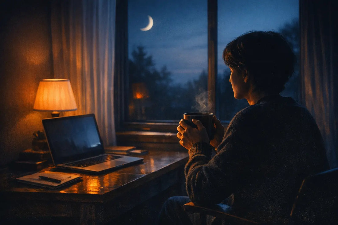 Person at desk holding mug, laptop open