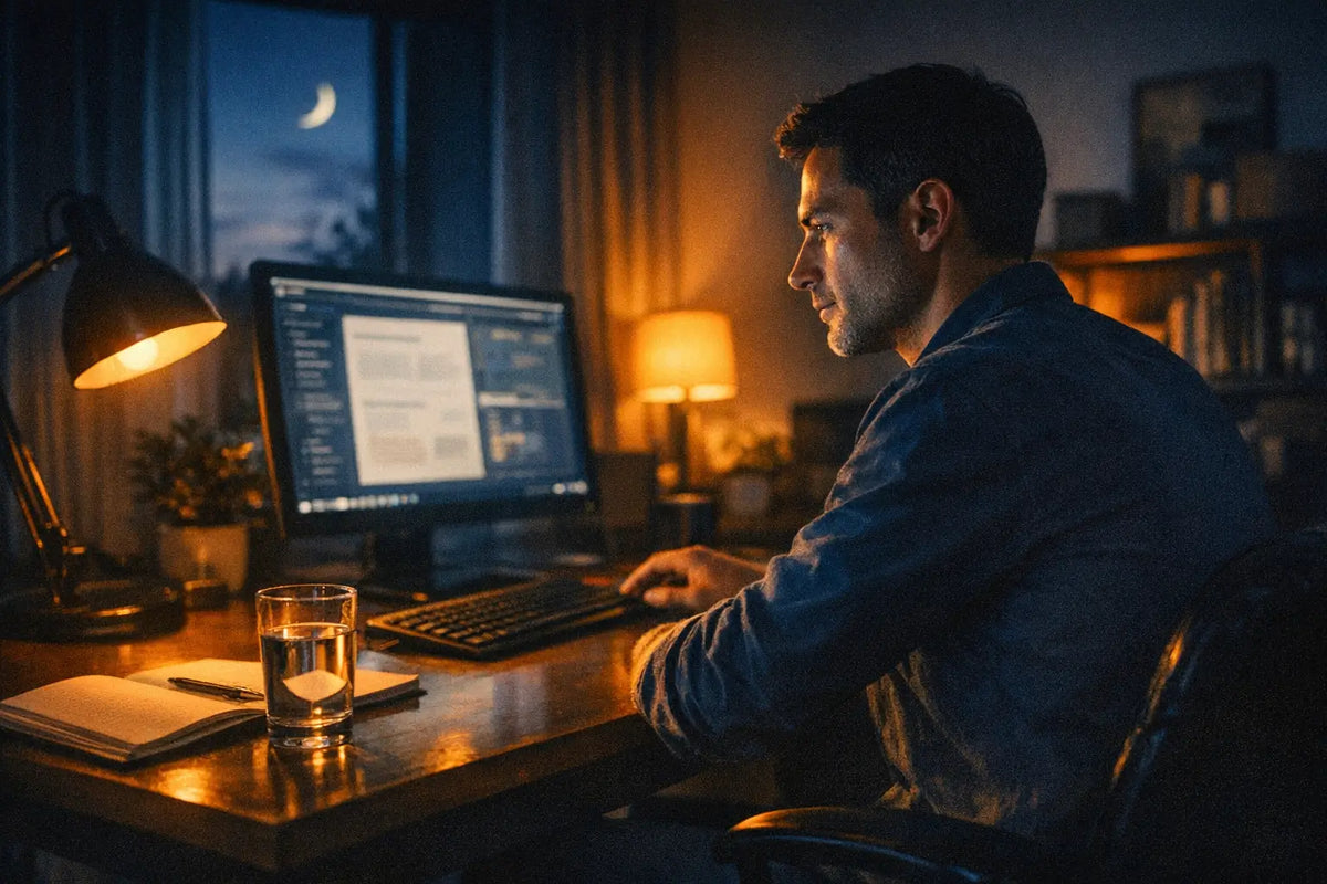 Person focused at desk with water and notebook