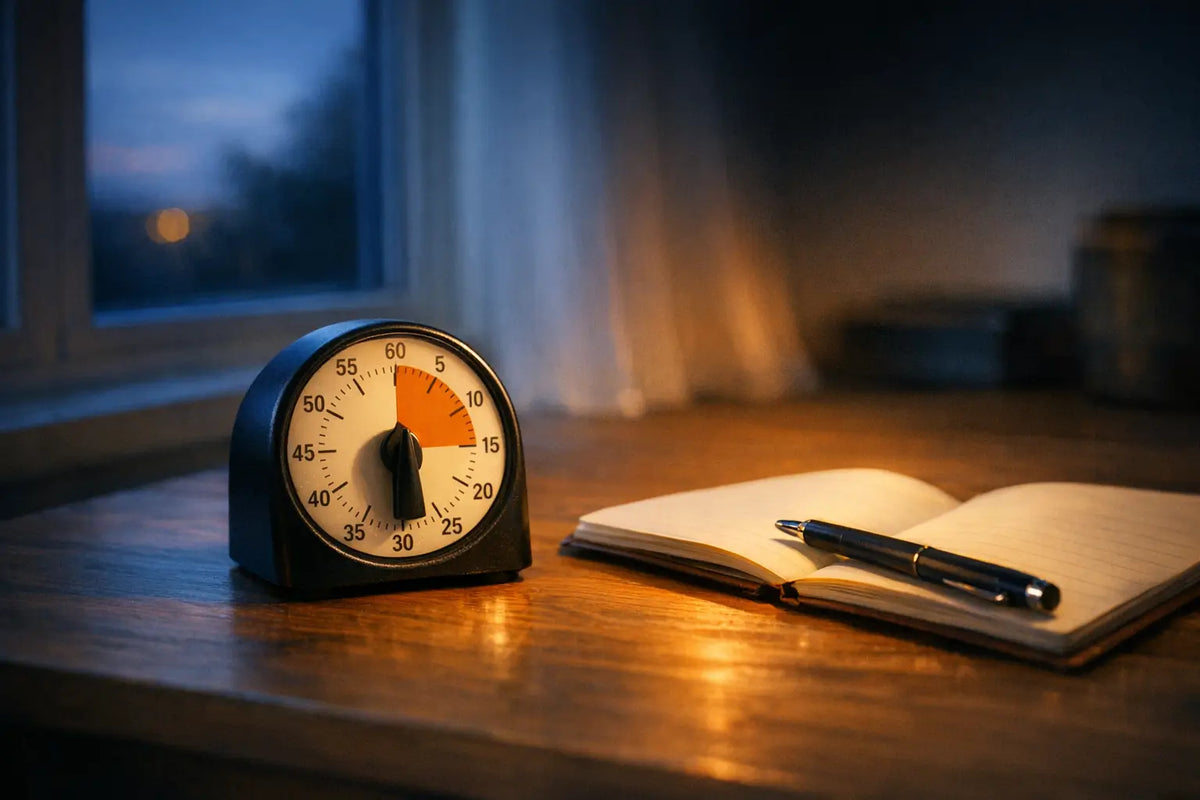 Analog kitchen timer on wooden desk with notebook