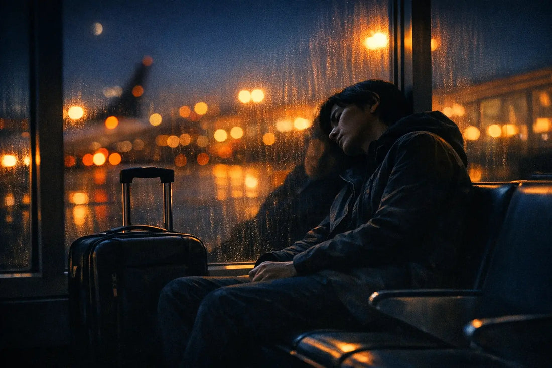 Traveler resting at airport gate with luggage