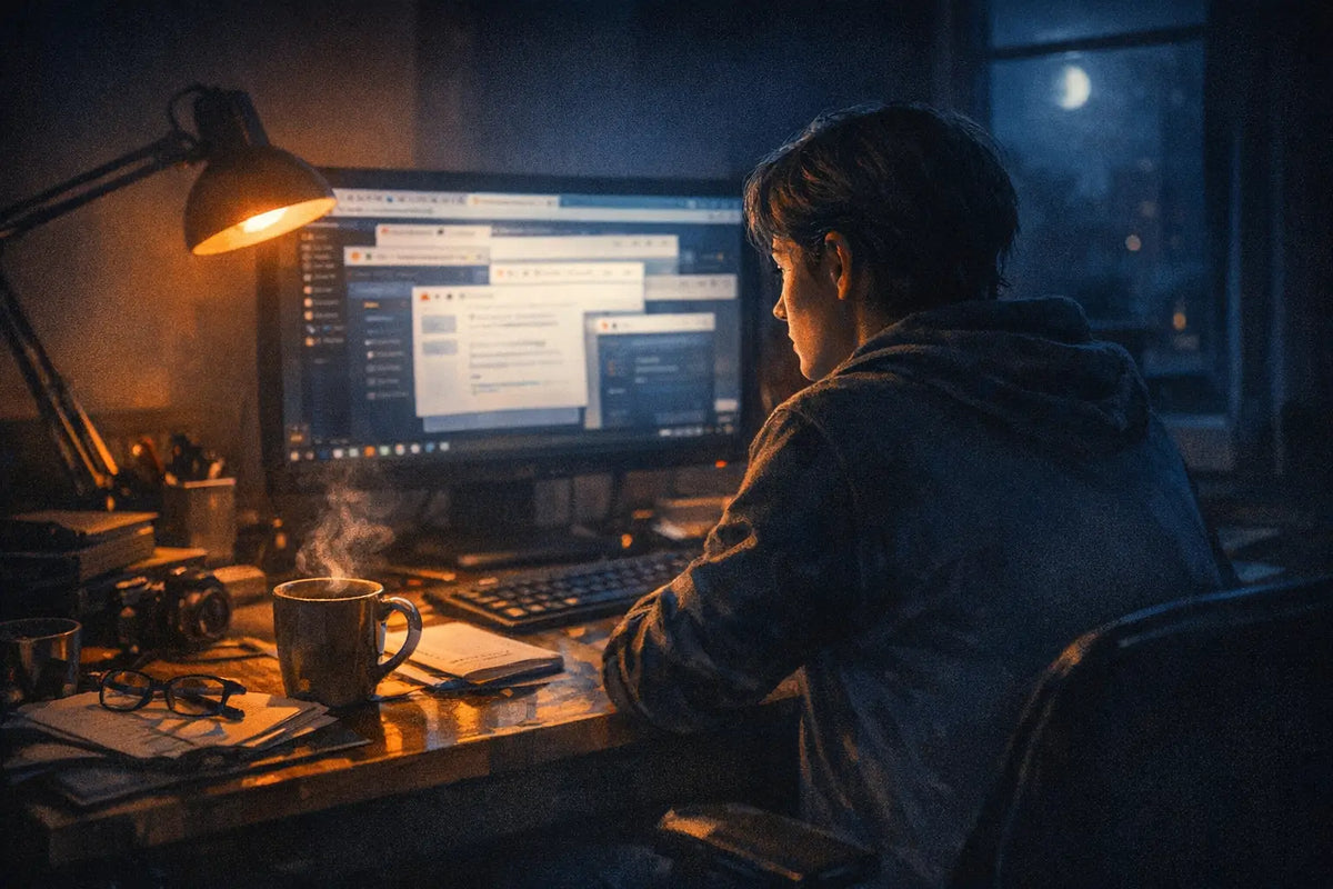 Person multitasking at cluttered desk with computer