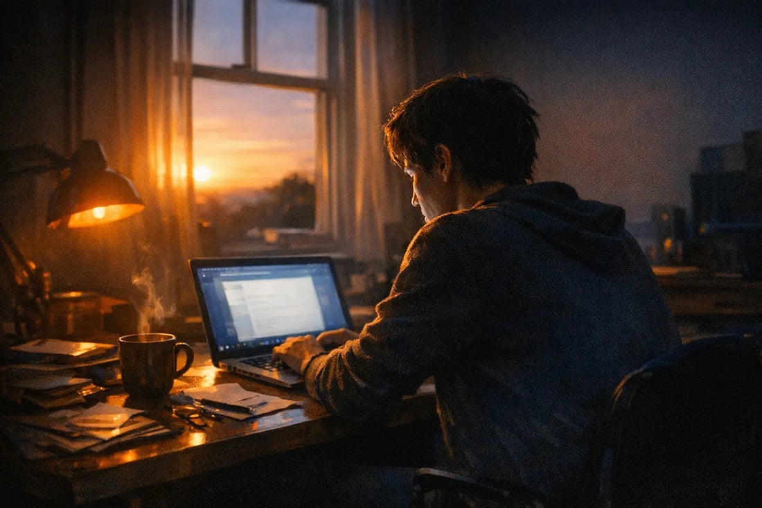 Person at cluttered desk, visibly exhausted, laptop open