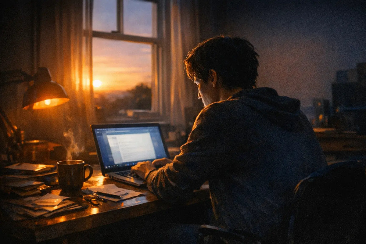 Person at cluttered desk, visibly exhausted, laptop open