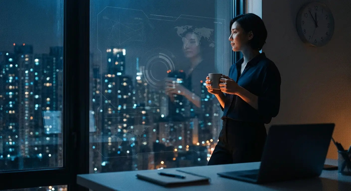 Woman holding a cup and looking out a window at a city skyline at night from a dimly lit office.