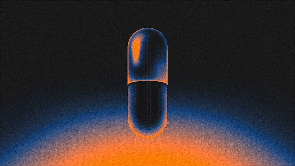 Glowing blue and orange capsule-shaped object on a dark background