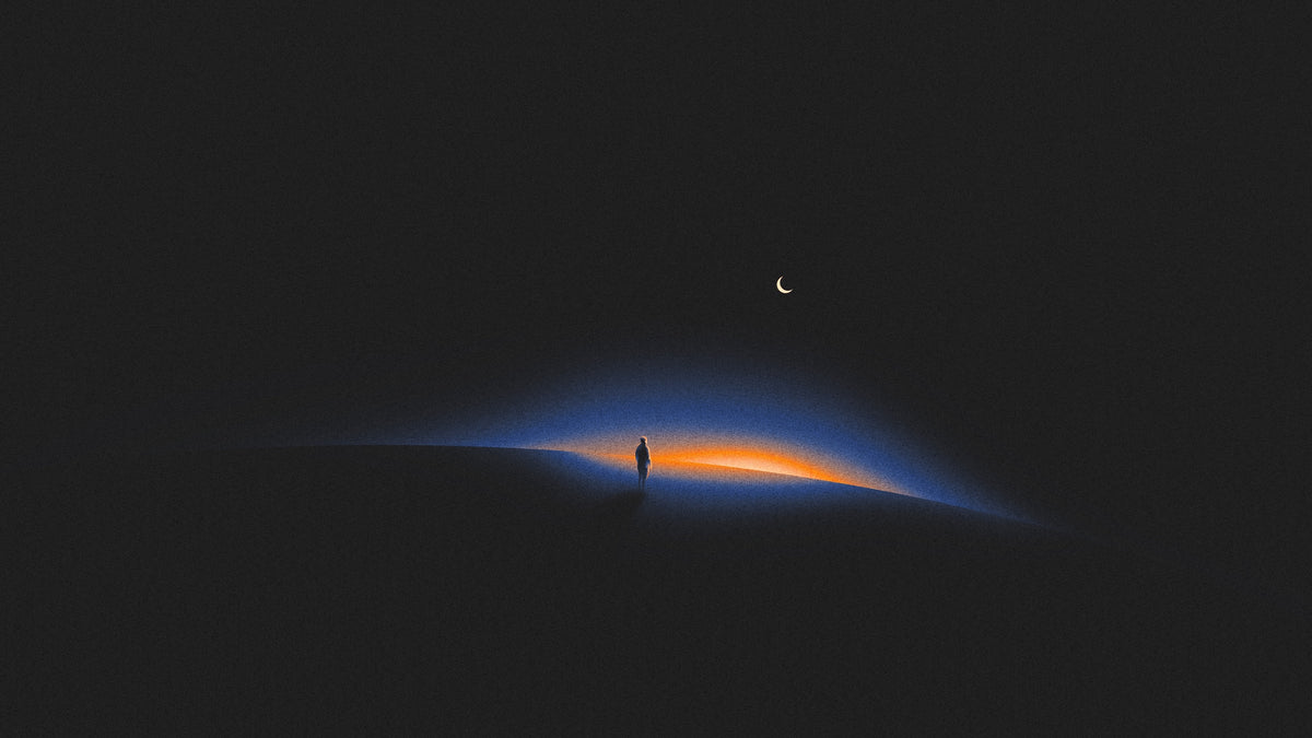 Person standing on a planet with a crescent moon in the sky