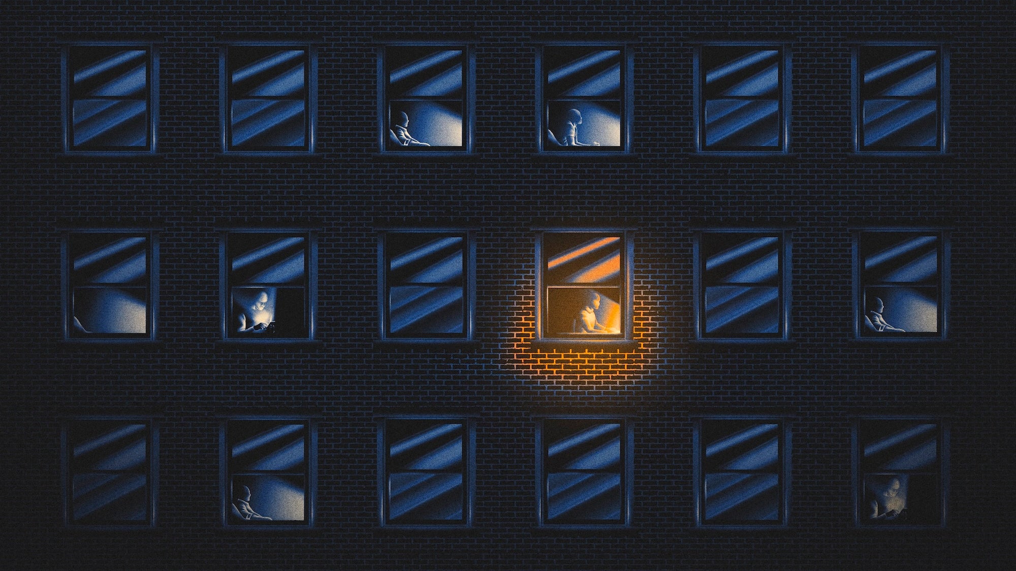 Building view with doomscrollers and a single night mover in orange