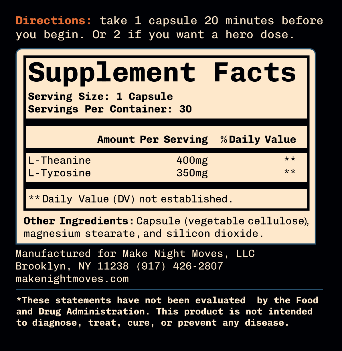 Night Moves supplement facts label