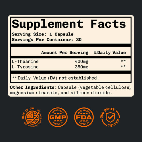 Supplement Facts label for Night Moves Evening Focus Supplement with L-theanine 400mg and L-tyrosine 350mg per capsule.