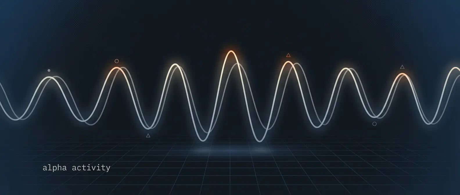 Graphic showing alpha brainwave activity with glowing peaks on a dark grid background.