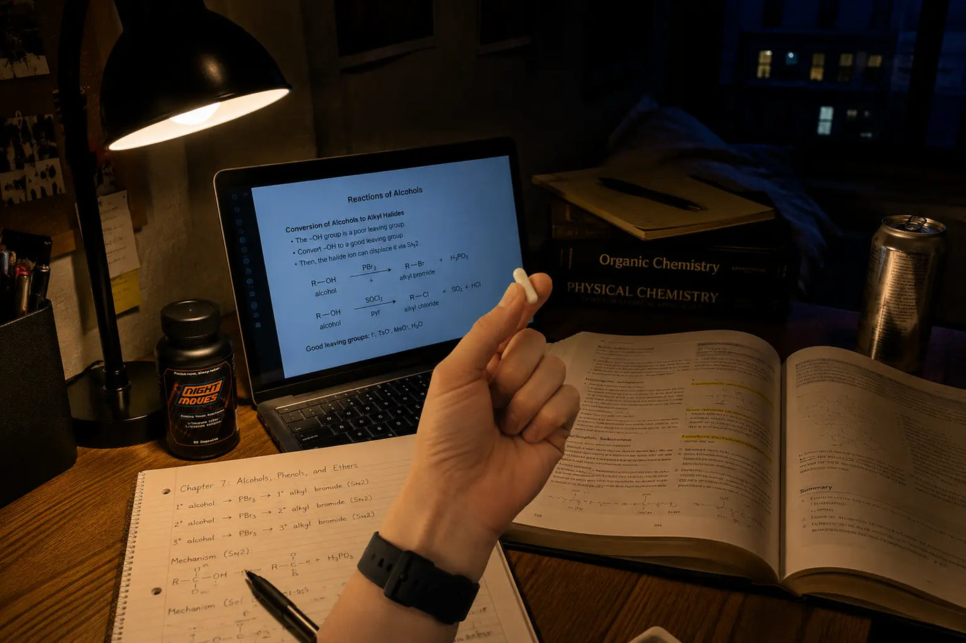 Late-night student desk scene