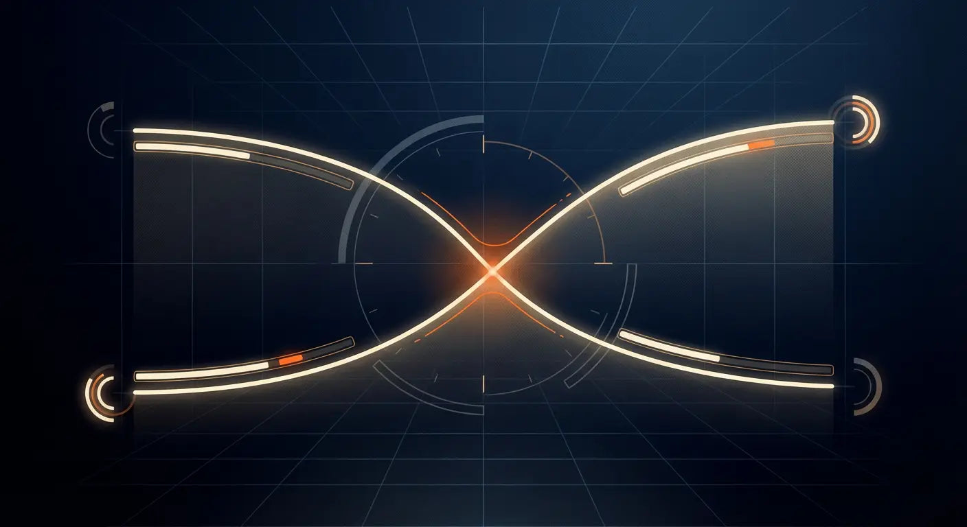 Glowing infinity symbol with futuristic HUD elements and orange highlights on a dark grid background.