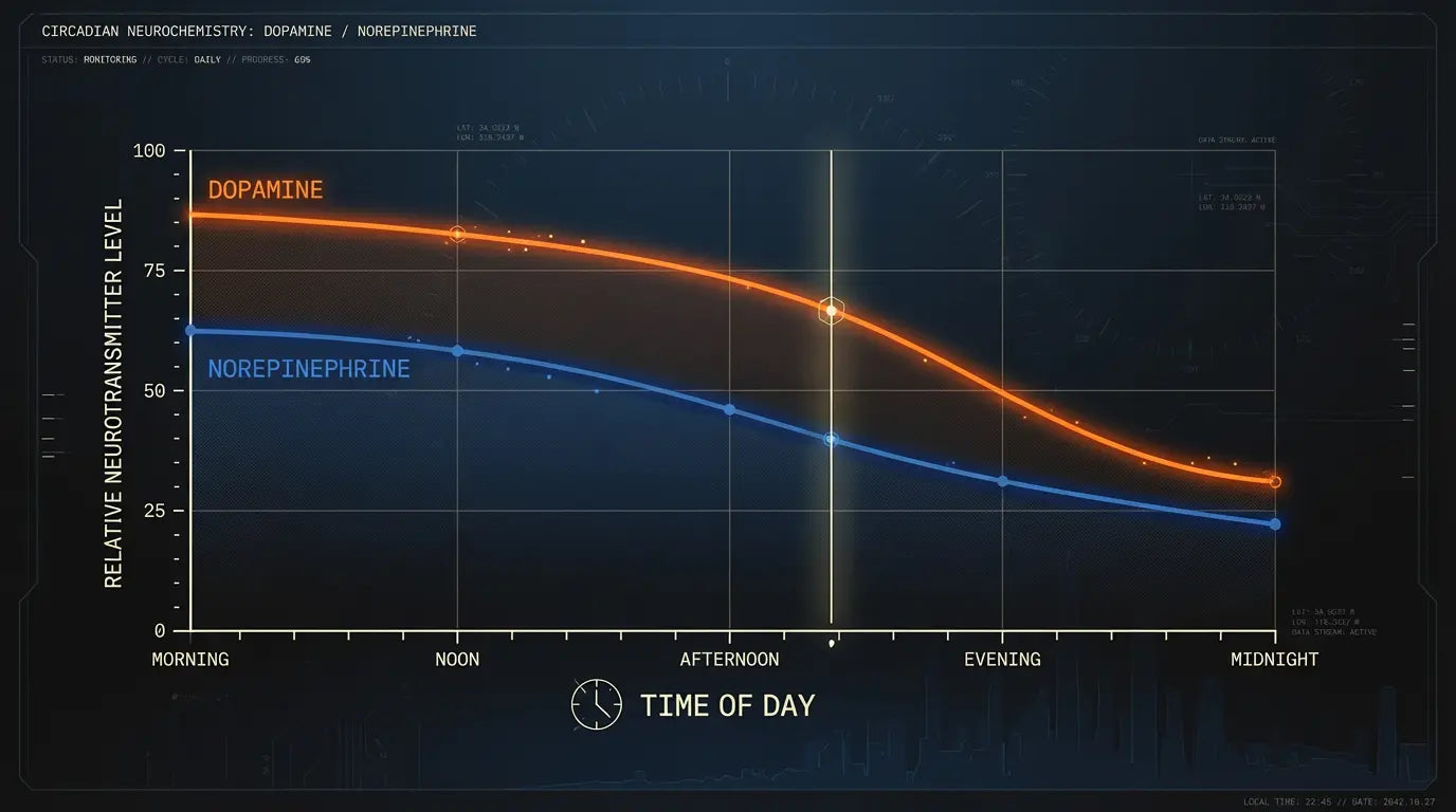 Graph showing dopamine and norepinephrine levels decreasing from morning to midnight in circadian neurochemistry.