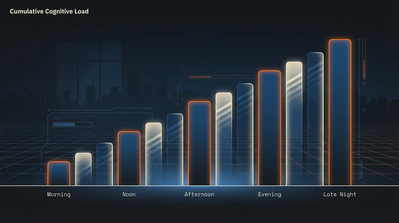 Bar chart showing cumulative cognitive load increasing from morning to late night with highlighted bars for each time period.