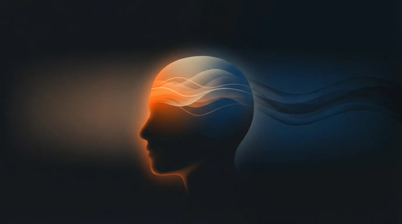 Silhouette of a human head with glowing orange and blue waves flowing through the brain area, symbolizing focus.