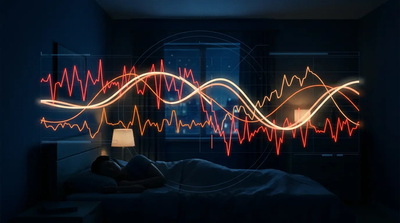 Person sleeping in a dark room with overlaid glowing red and orange waveforms and graphs above the bed.