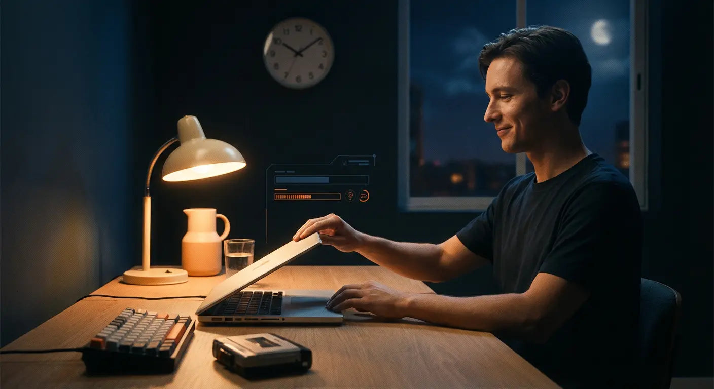 Man smiling as he closes a laptop at a warmly lit desk during nighttime with a window clock in the background.