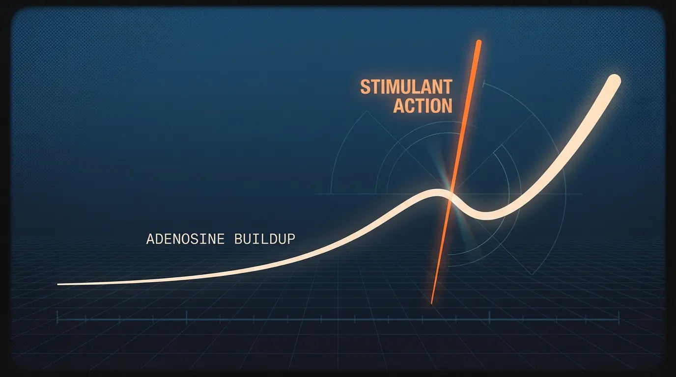 Graph showing adenosine buildup over time and a marked point where stimulant action causes an upward trend.