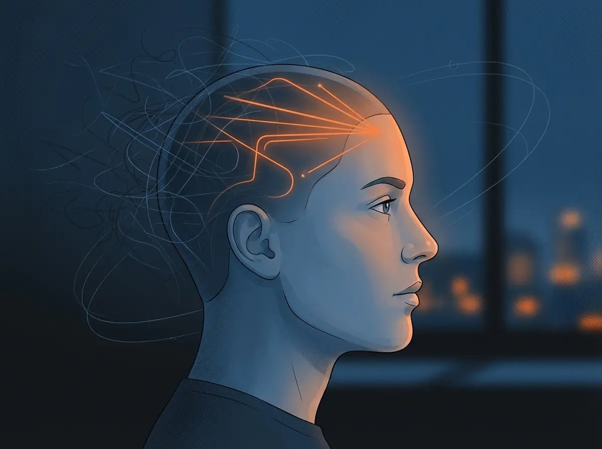 Illustration of a person in profile with highlighted neural pathways in the brain glowing orange.