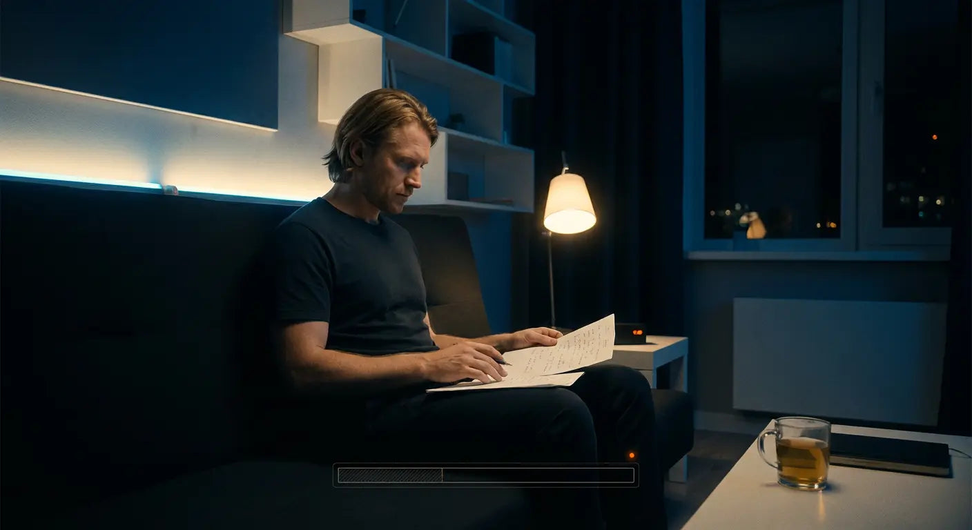 Man sitting on couch reading papers in dimly lit room with lamp and tea cup on table at night.
