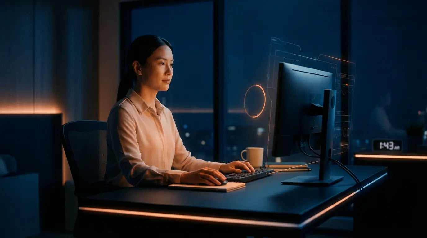 Woman working late at a desk on a computer with a notebook and coffee cup nearby in a modern office.