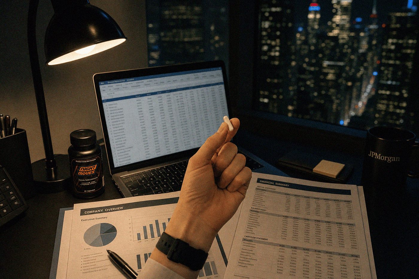 Investment banking analyst at a late-night desk