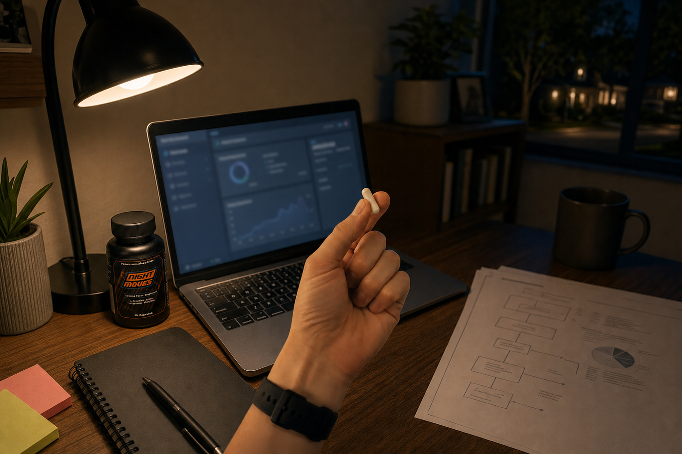 Builder at desk in evening, focused on personal project