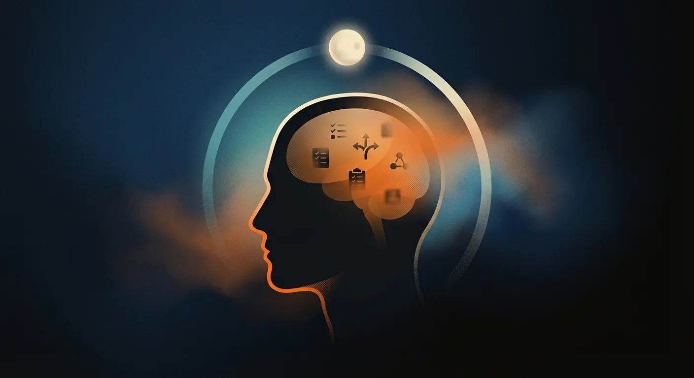 Silhouette of a head with brain icons inside, surrounded by a glowing circle and a small bright orb above.