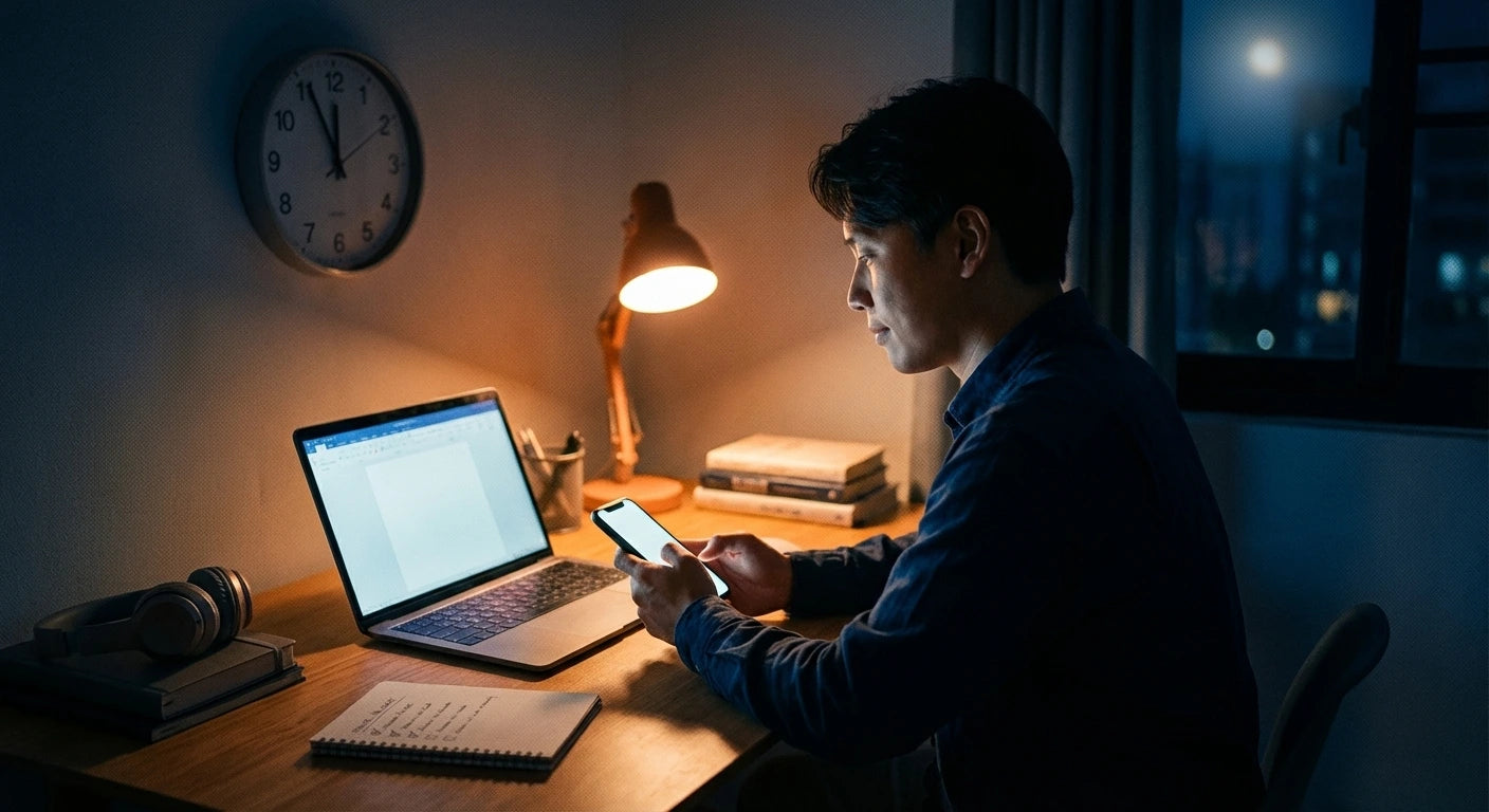 Man working at desk with laptop and phone under warm lamp light late at night near window and clock showing 11:55 PM.
