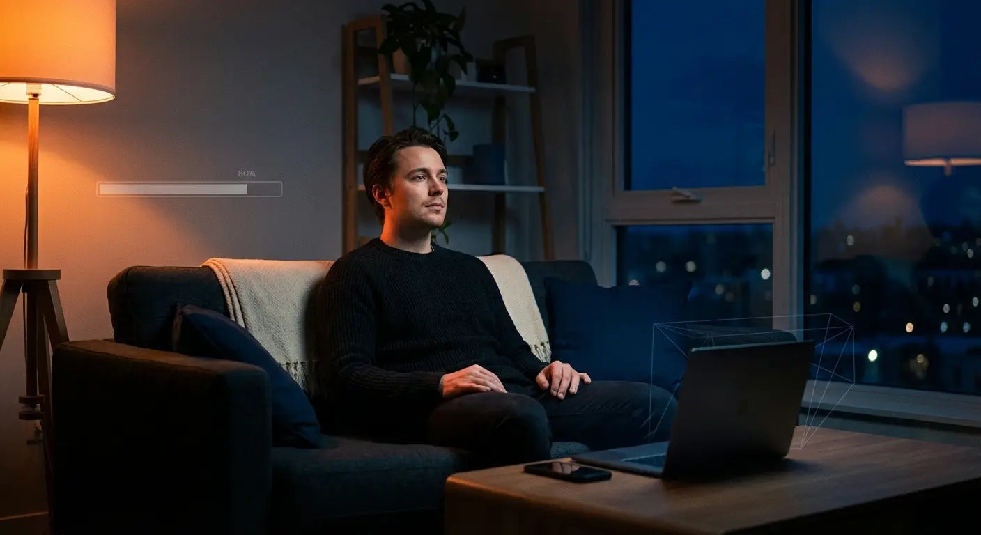 Man sitting on a couch at night, illuminated by a lamp, with a laptop and phone on the table in front.
