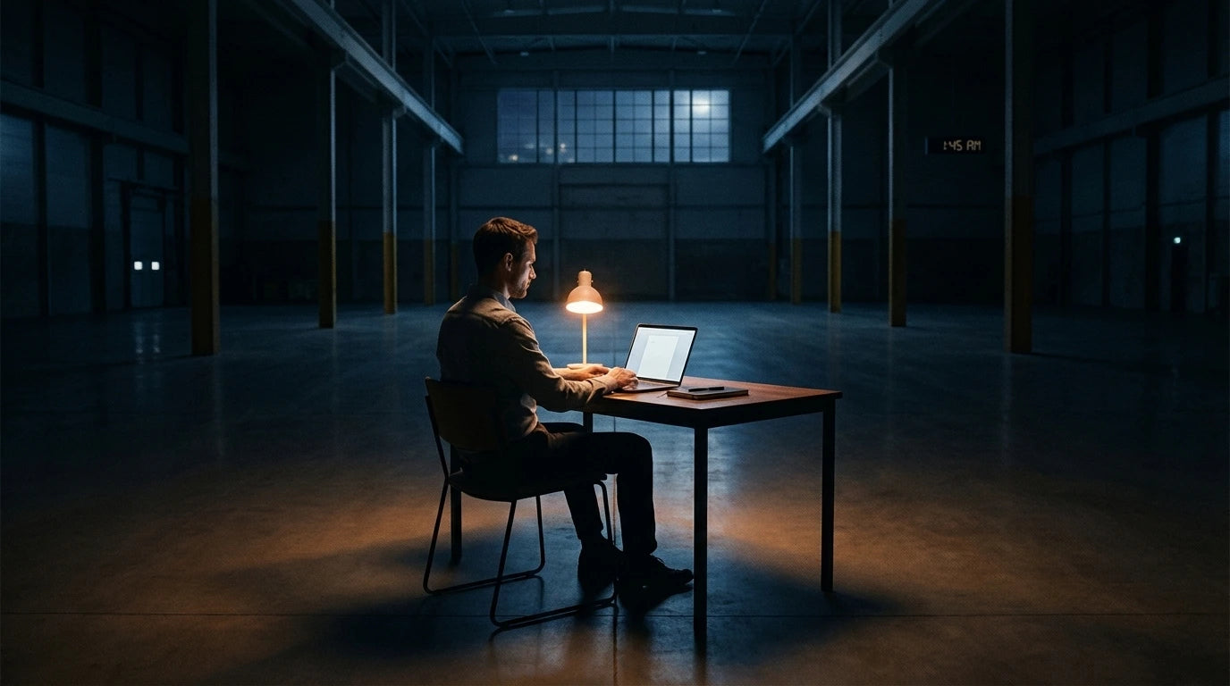 Man working on laptop at a wooden table with desk lamp in a large dark warehouse at 1:45 AM.