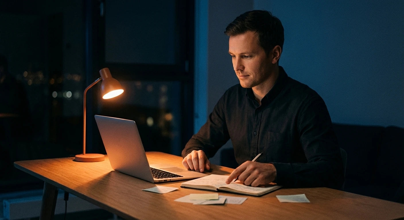 Man working late at desk with laptop, notebook, and desk lamp in dimly lit room at night.