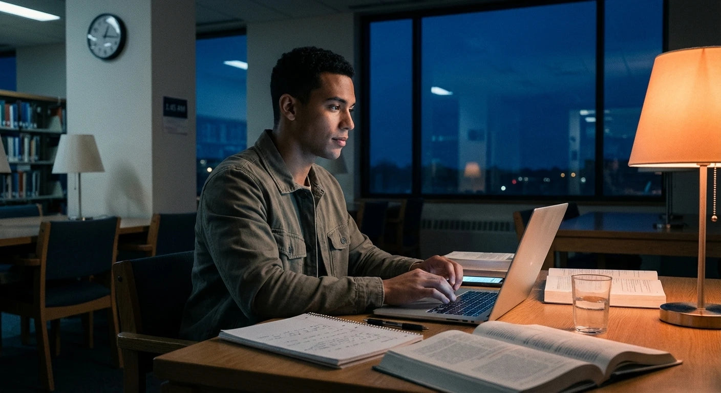 Man studying late at night in a library with open books, laptop, and a lit table lamp.