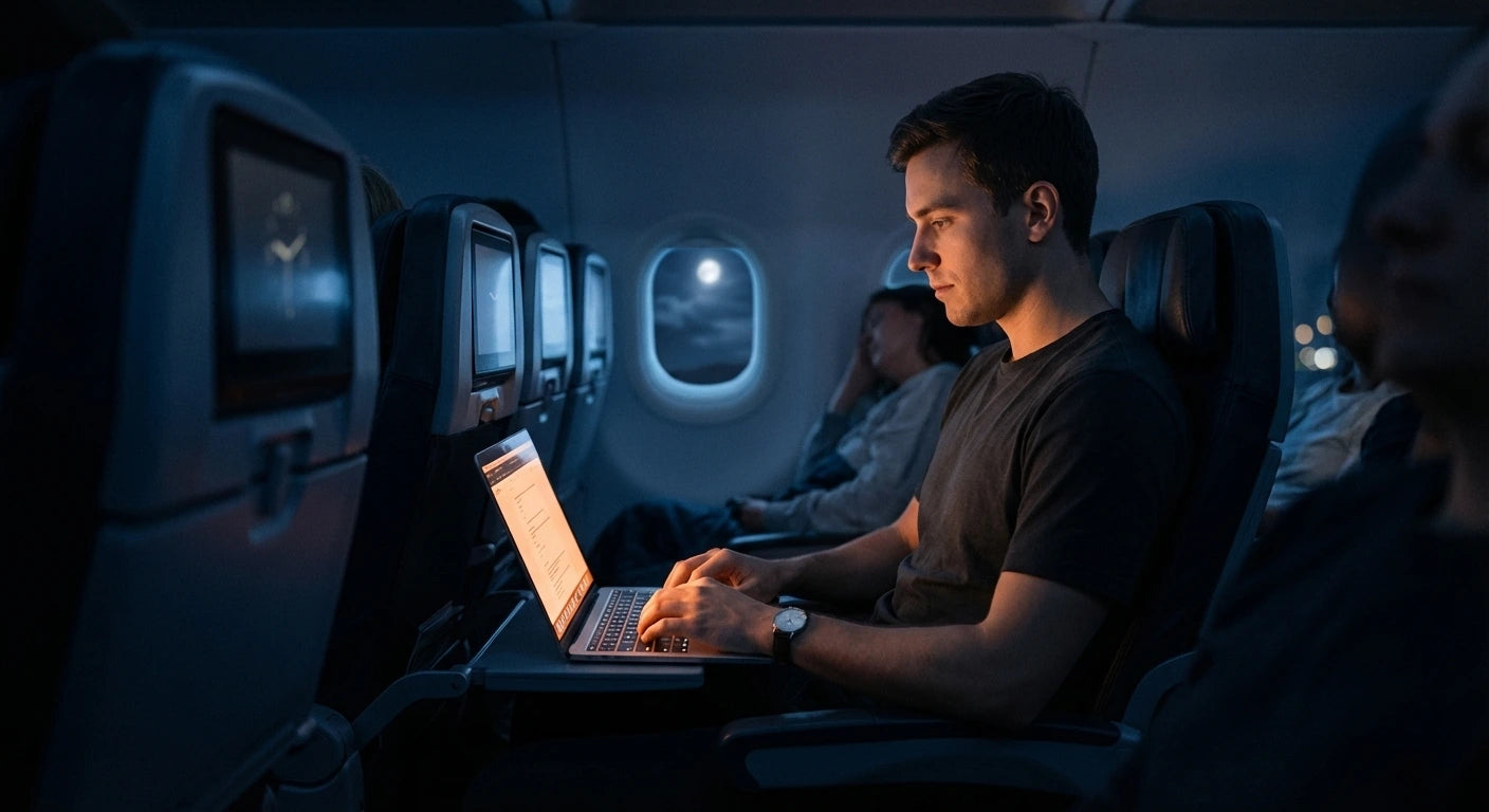 A man working on a laptop in an airplane cabin at night with moonlight visible through the window.