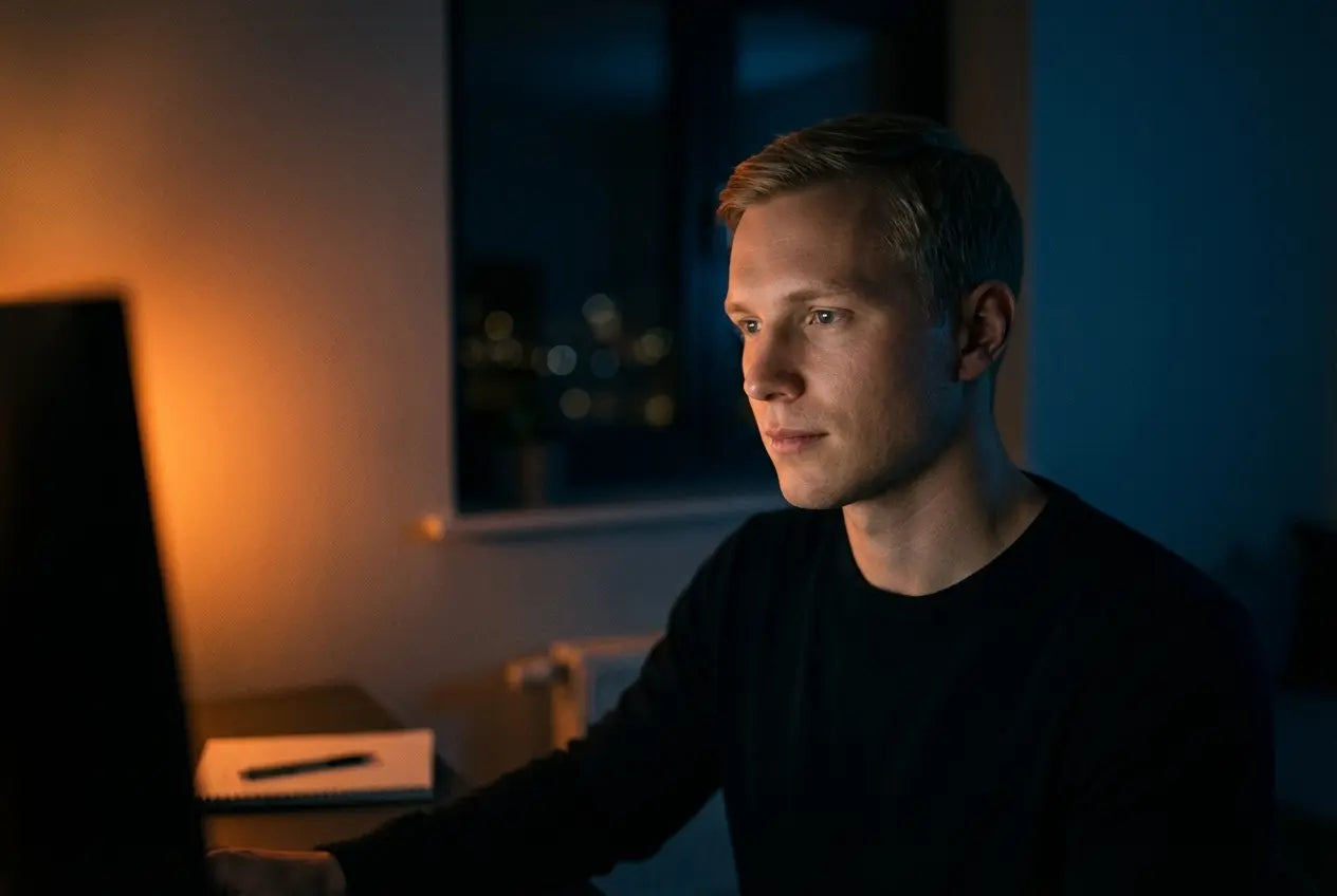 Man focused on computer screen in dimly lit room at night with glowing city lights outside window.