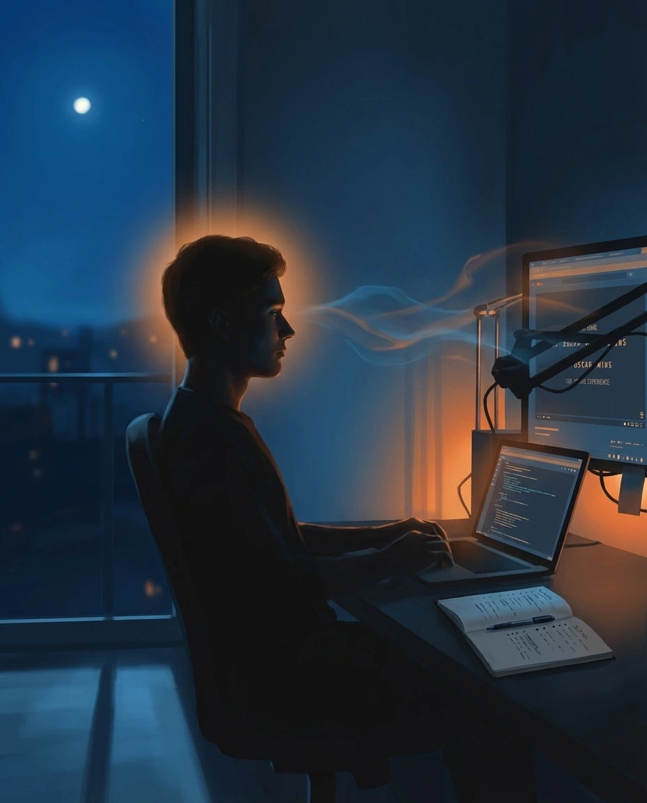Silhouetted man working at a computer at night with glowing halo and smoke-like light connecting to screen.