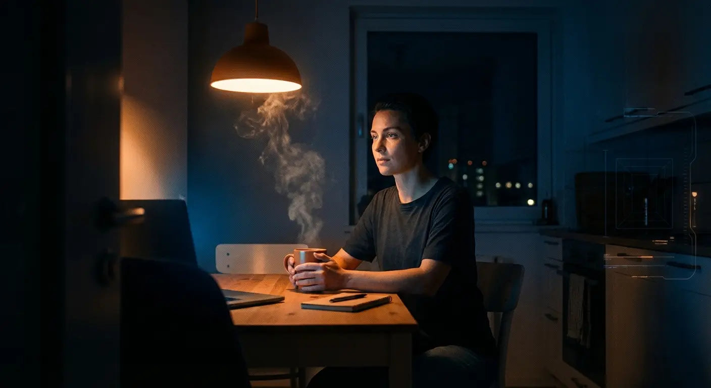 Person sitting at a kitchen table at night, holding a steaming cup under warm lamp light, with a laptop and notebook.