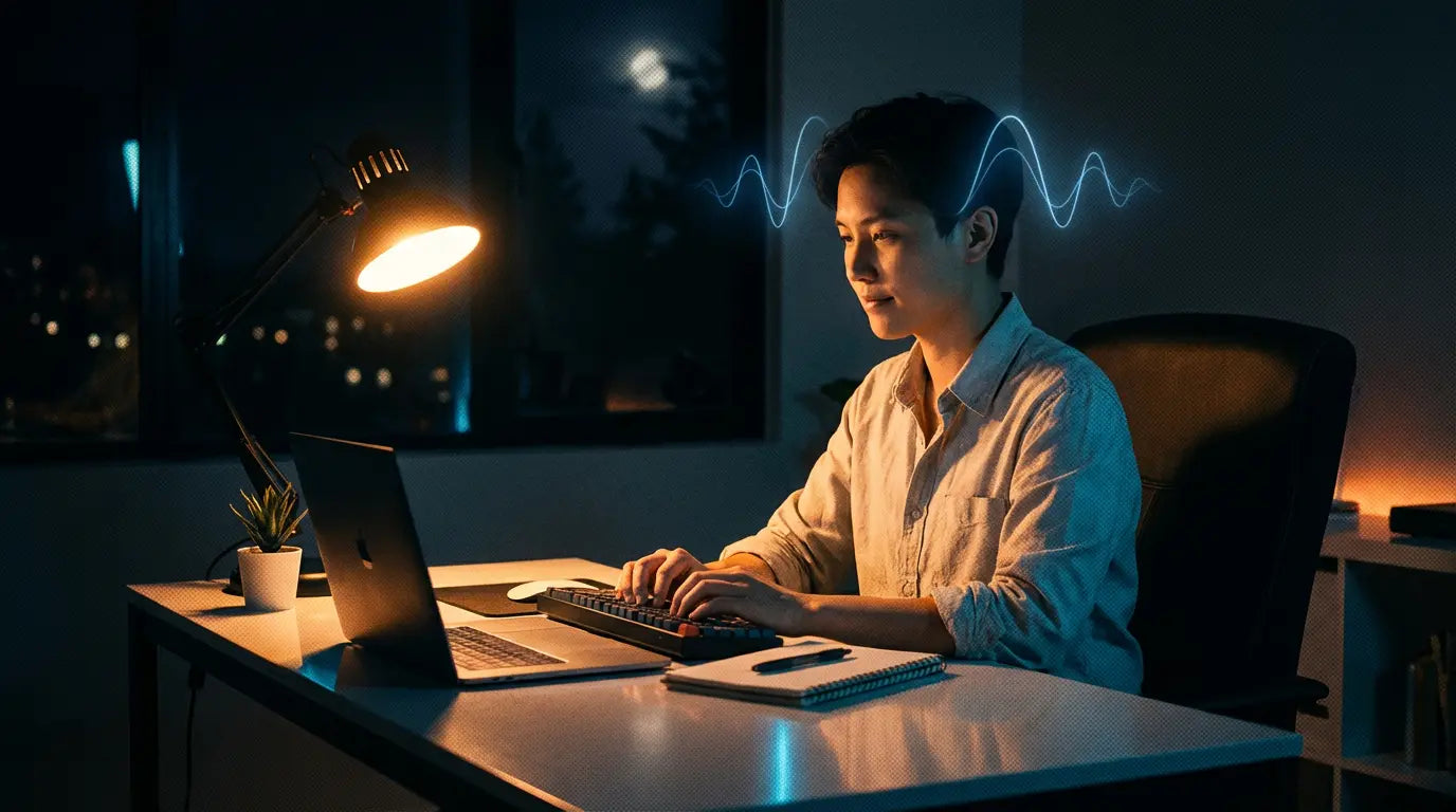Person working focused at a desk with laptop and keyboard at night, with brainwave visual effect above head.