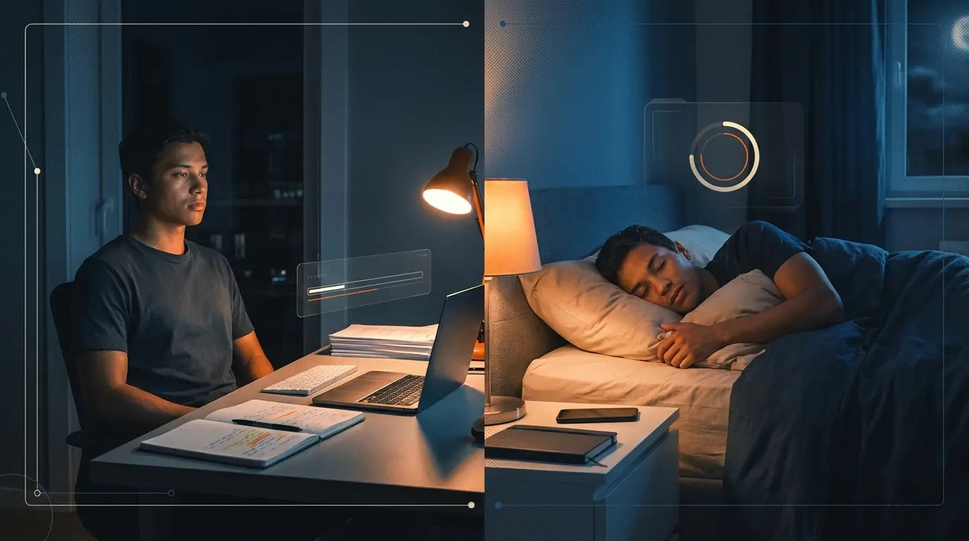 Man focused working late at desk on one side, sleeping peacefully in bed on the other side at night.