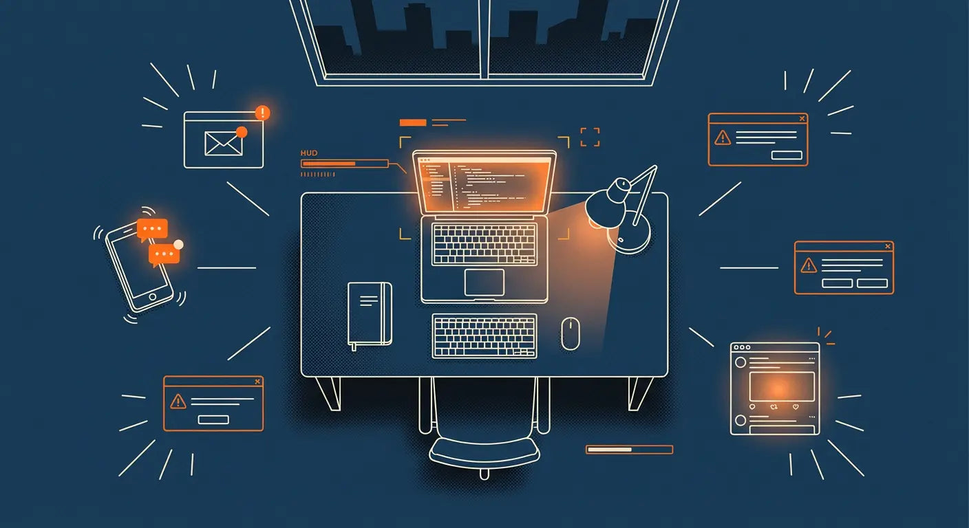 Top-down illustration of a cluttered workspace with laptop, phone, notifications, and alert pop-ups in orange glow.