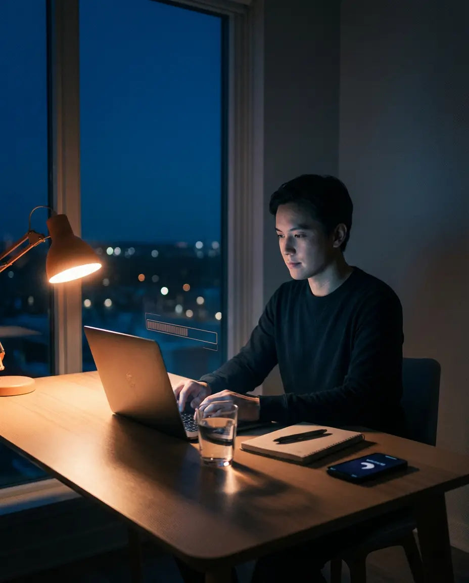 Man working on laptop at night with desk lamp, notebook, pen, glass of water, and phone on table.