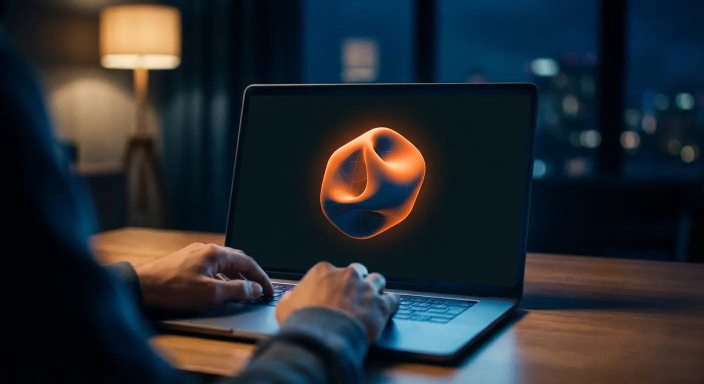 Person typing on a laptop displaying a glowing abstract orange shape on the screen at night.