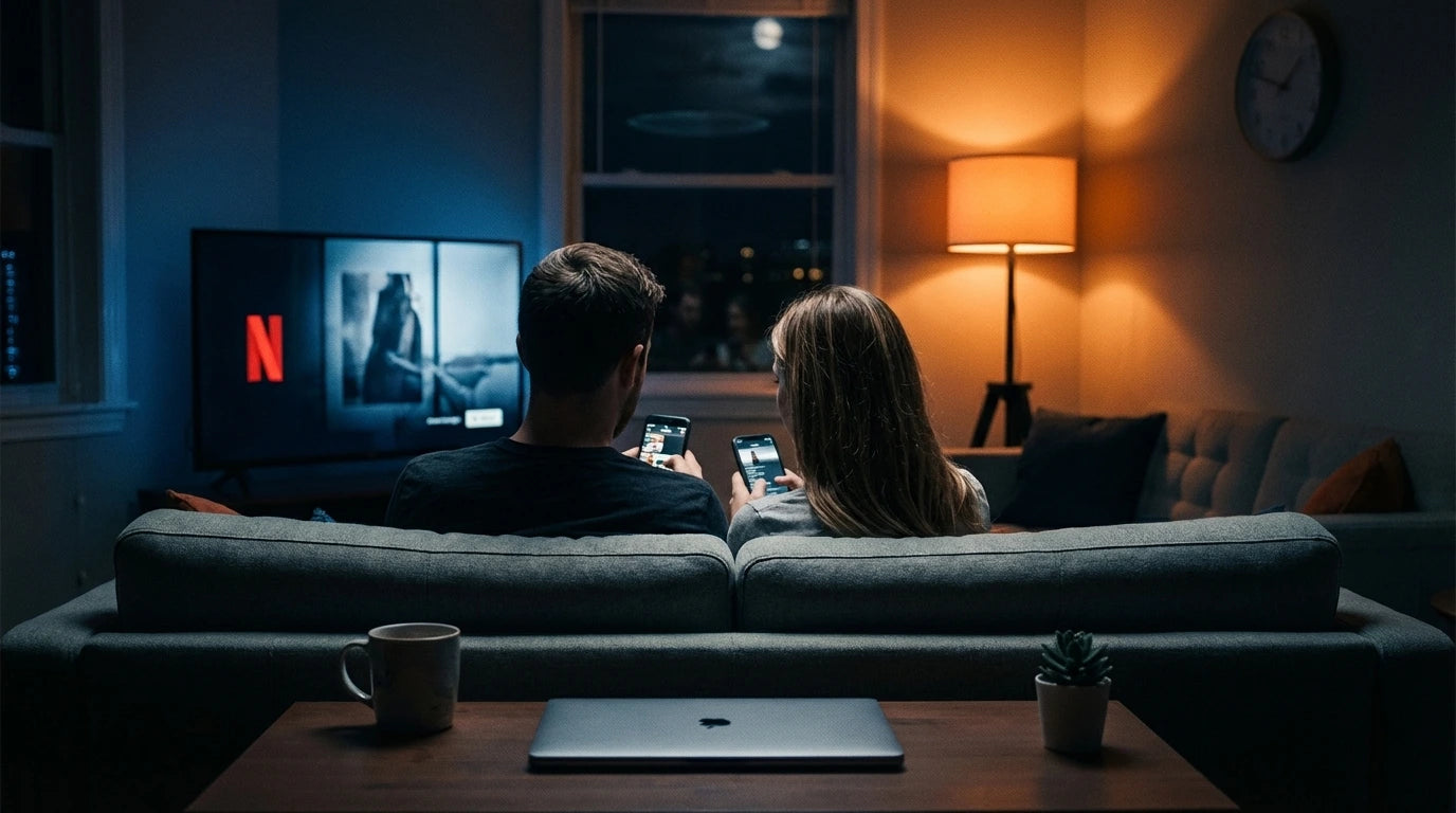 Couple sitting on couch at night using smartphones with Netflix on TV, laptop and coffee mug on table.