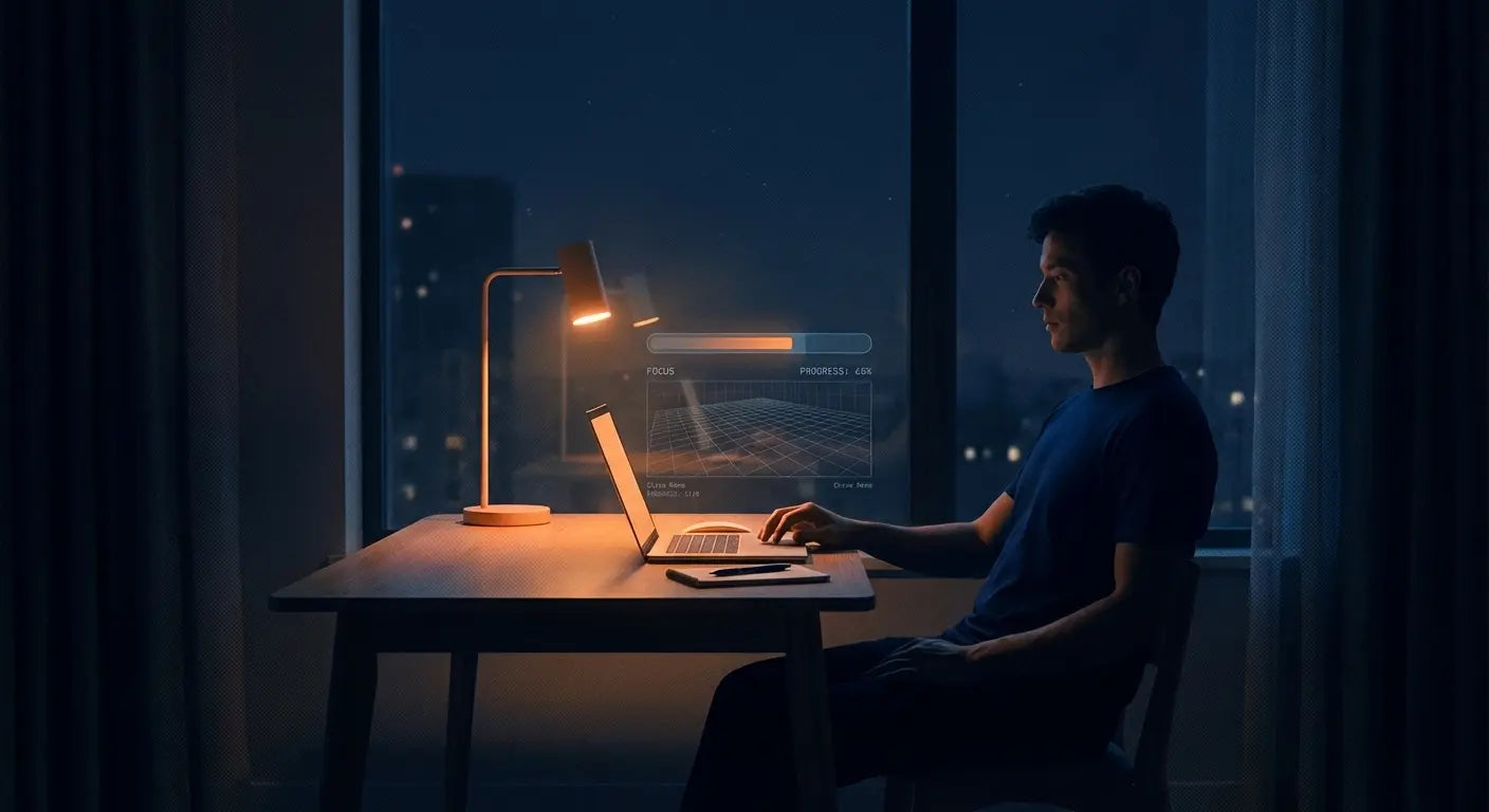 Man working on a laptop at night with a desk lamp, displaying a holographic focus progress bar at 65%.