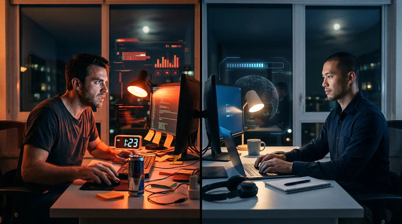 Two men working late at computers in a split-screen night office with digital data overlays and desk lamps.