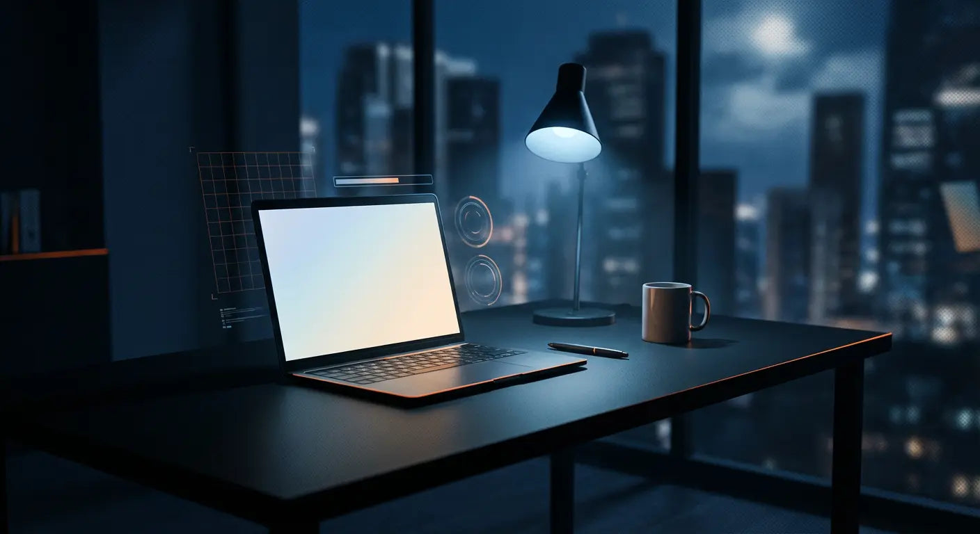 Laptop on a desk with a lamp, pen, and coffee mug in a dark room overlooking a cityscape at night.