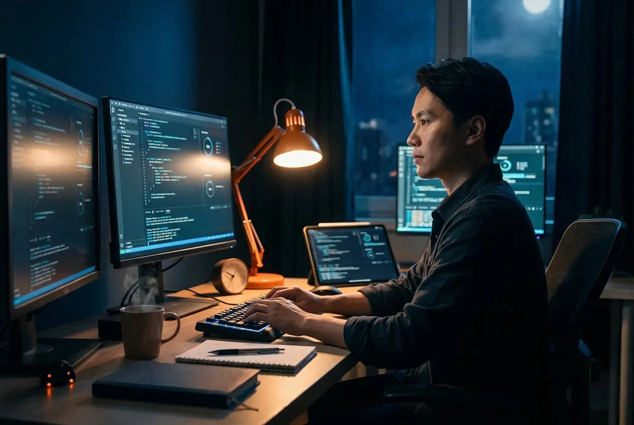 Man working late at a desk with multiple monitors displaying code in a dimly-lit room.