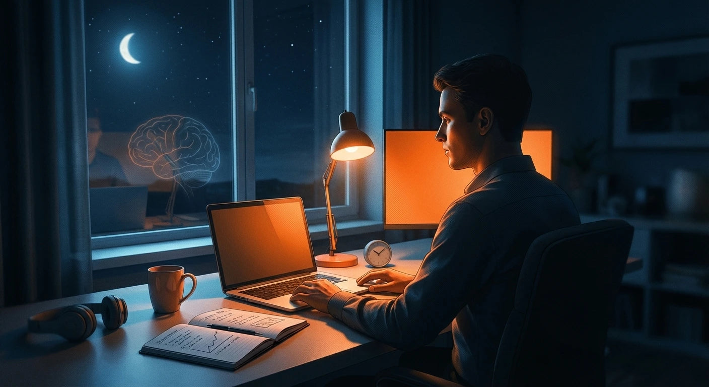 Man working late at a desk with laptop, notebook, and brain illustration outside window under crescent moon.