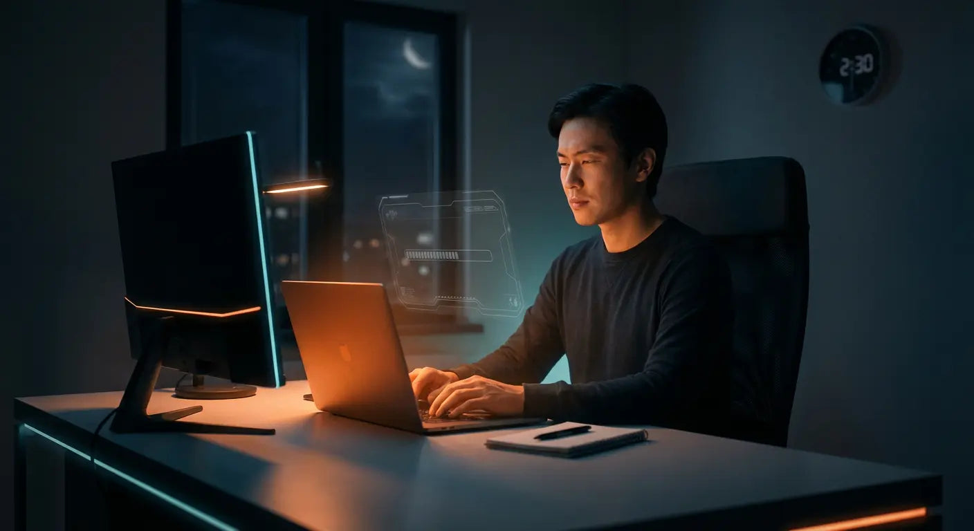 Man working late at night on laptop in a dimly lit room with a digital interface projection.